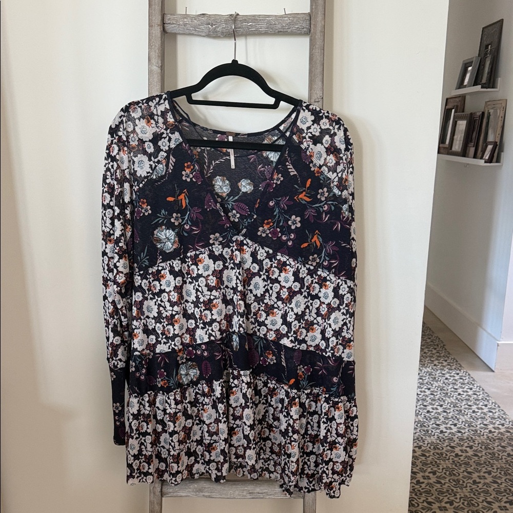 Free People Floral Tunic in Navy and White and Purple